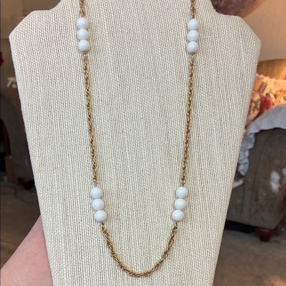 Vintage Gold tone chain and White Beaded Necklace